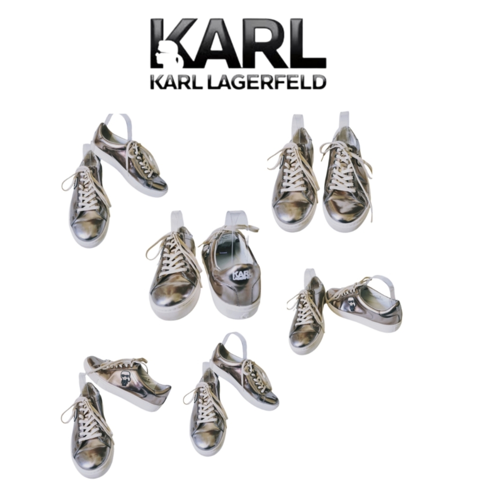 KARL LAGERFELD KL61033 SILVER MIRROR IKONIC LEATHER LOW TOP SNEAKERS - Picture 1 of 7